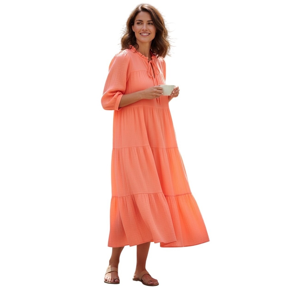 Honorine Coral Peach Gauze Maxi Dress M Tiered Boho Cottagecore Tie Neck